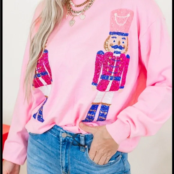 Adorable! Nutcracker pastel pink sequin Christmas sweater crew neck pullover 🎄 - Picture 3 of 8